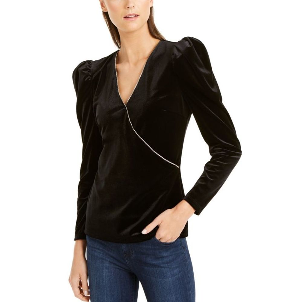 INC International Concepts Women's Embellished-Trim Velvet Top Black Size L